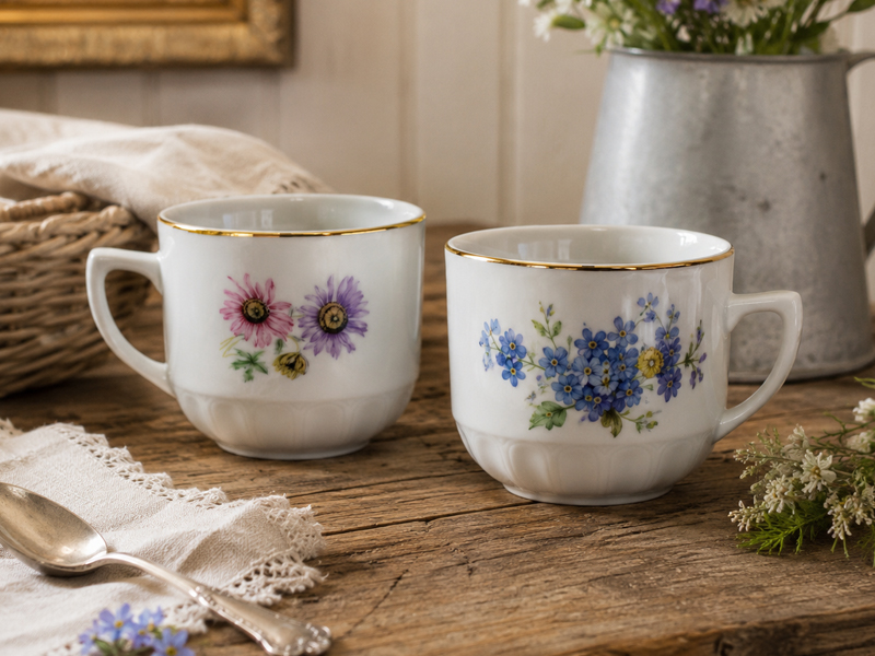 Vintagetassen mit Goldrand und Blumen